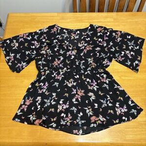 Torrid Blouse Shirt Top Womens 0 Black Butterfly Peplum V Neck Pullover Babydoll